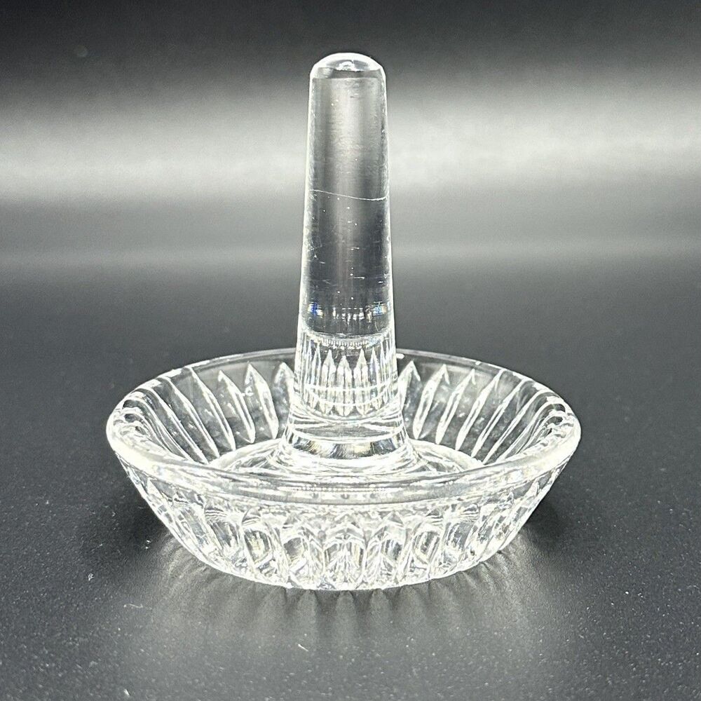 Vintage Crystal Scalloped Top Ring Holder Pressed Ribbed Organizer Trinket Dish